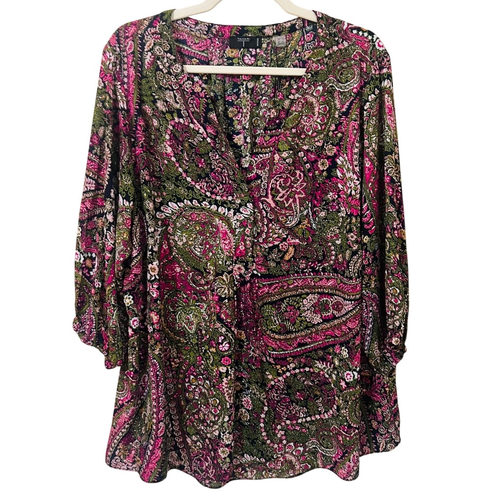 Tahari Size 2X Georgette Blouse Pink Green Navy Paisley‎ V-Neck 3/4 Sleeve